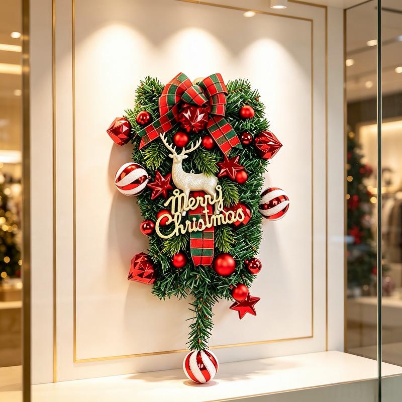 Christmas Moose Hanging From A Tree with Red Fruits and Christmas Wreath As Outdoor Garden Decoration Item