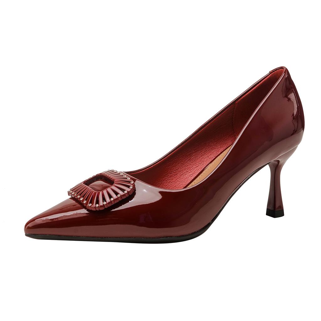 Not tired feet high heels 2026 spring French patent leather solid color sexy pointed thin heel light mouth single shoes