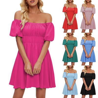 Women's Fashionable Solid Color One Line Neckline Bubble Short-Sleeved Temperament Pleated High Waisted Dress