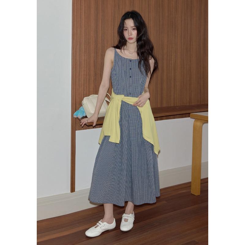 Temperament thin blue and white grid sleeveless suspender skirt women s autumn pendulum casual vest dress S
