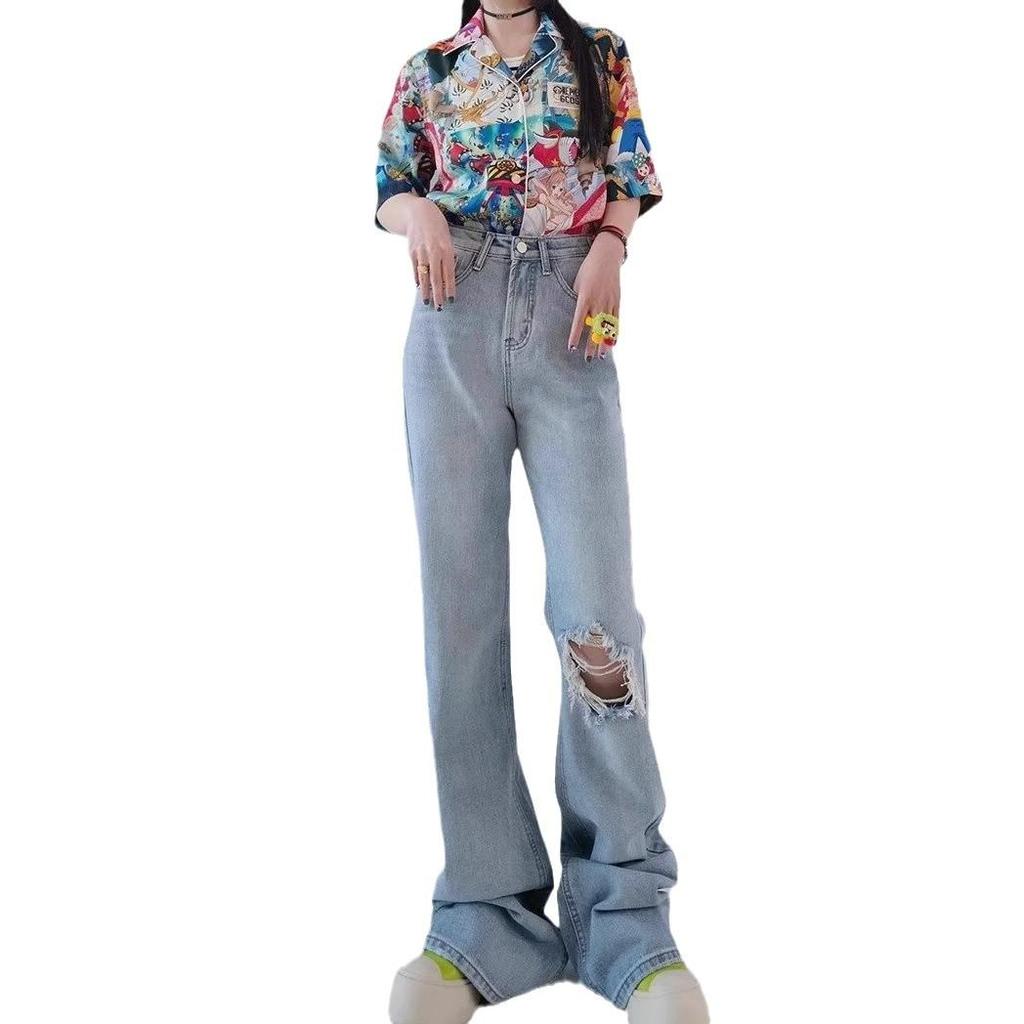 Women's High Waist Ripped Straight-Leg Jeans - Light Blue, Spring/Autumn 2024, Floor-Length, Slimming Fit