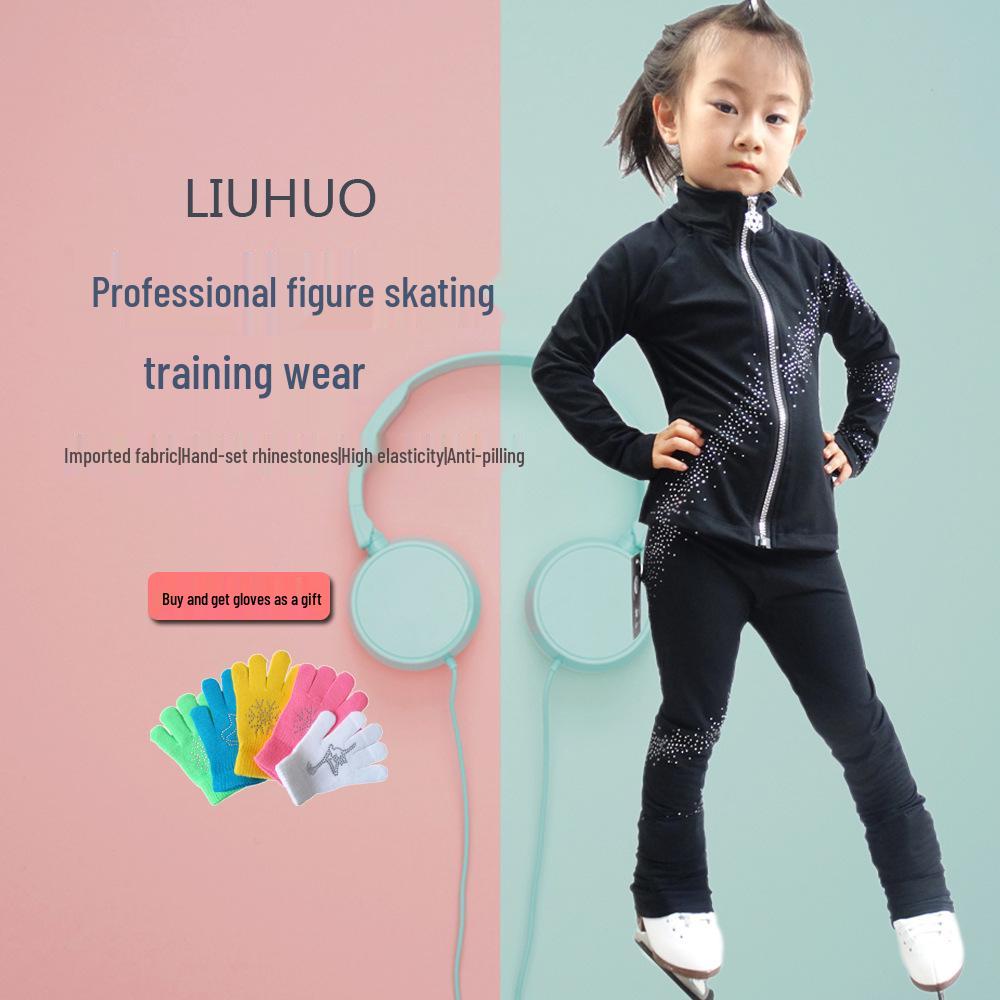 LIUHUO Children's Figure Skating Suit: Fashionable Black Diamond-Accent Pants and Training Costume