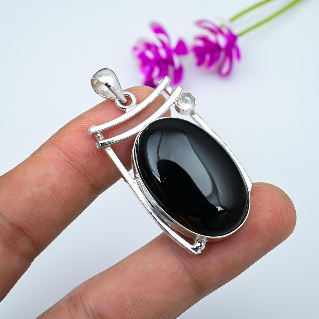 Black Onyx, White Topaz Pendant Gemstone Jewelry, 925 Solid Sterling Silver Pendant, Gift For Women Handmade Pendant