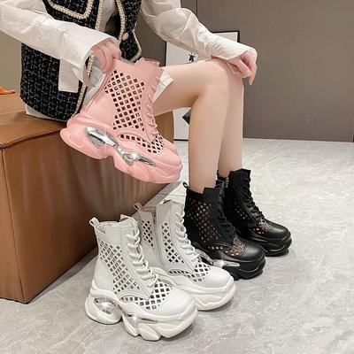 Fashion Breathable Ankle Boots Women 2024 Summer Soft Leather Hollow Mesh Boots Thick Bottom Mid-thigh Platform Boots for Women Botas