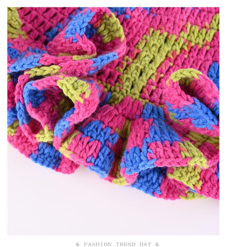 Dopamine Rainbow Color Matching Pleated Lotus Leaf Lace Knitted Bucket Hat Women'S Autumn And Winter Handmade Crochet Wool Hat