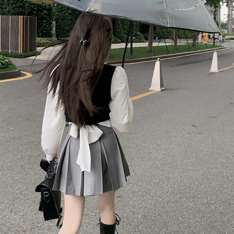 Knitted Patchwork Blouses Women Korean Fashion Cute Preppy Style Long Sleeve Shirt Fake Two Piece School Girl Crop Tops