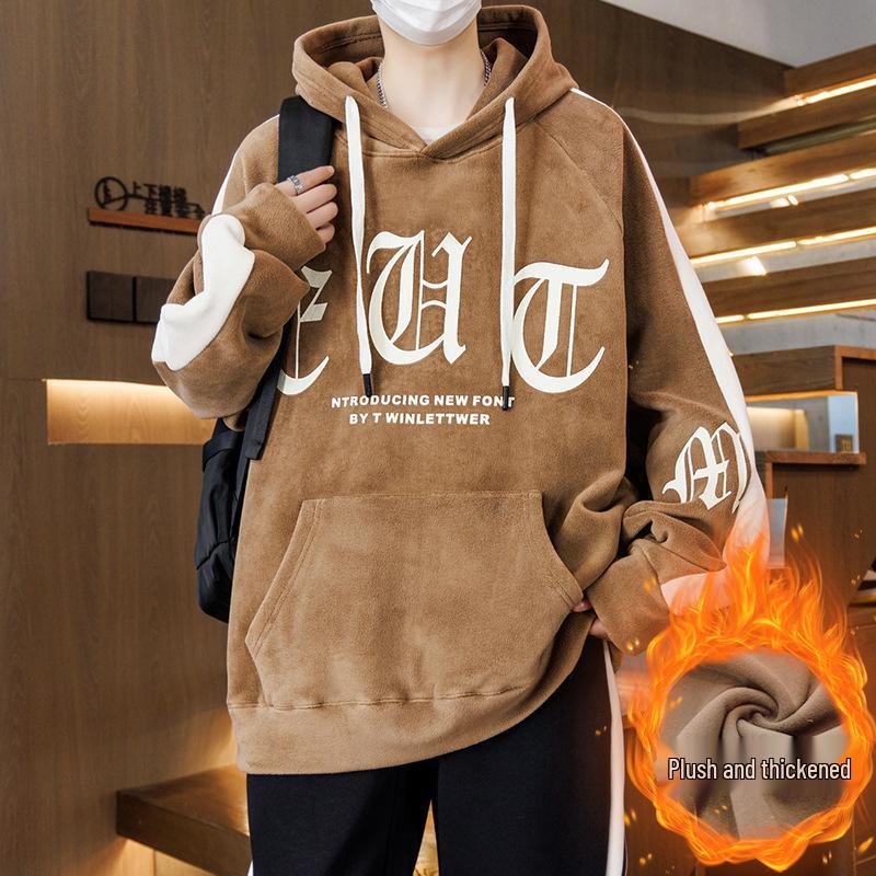 Men's 2025 Style Double-Sided Fleece Hoodie, Thickened Inner Layer, Solid Color, Trendy Winter Outerwear for Teens with Hood