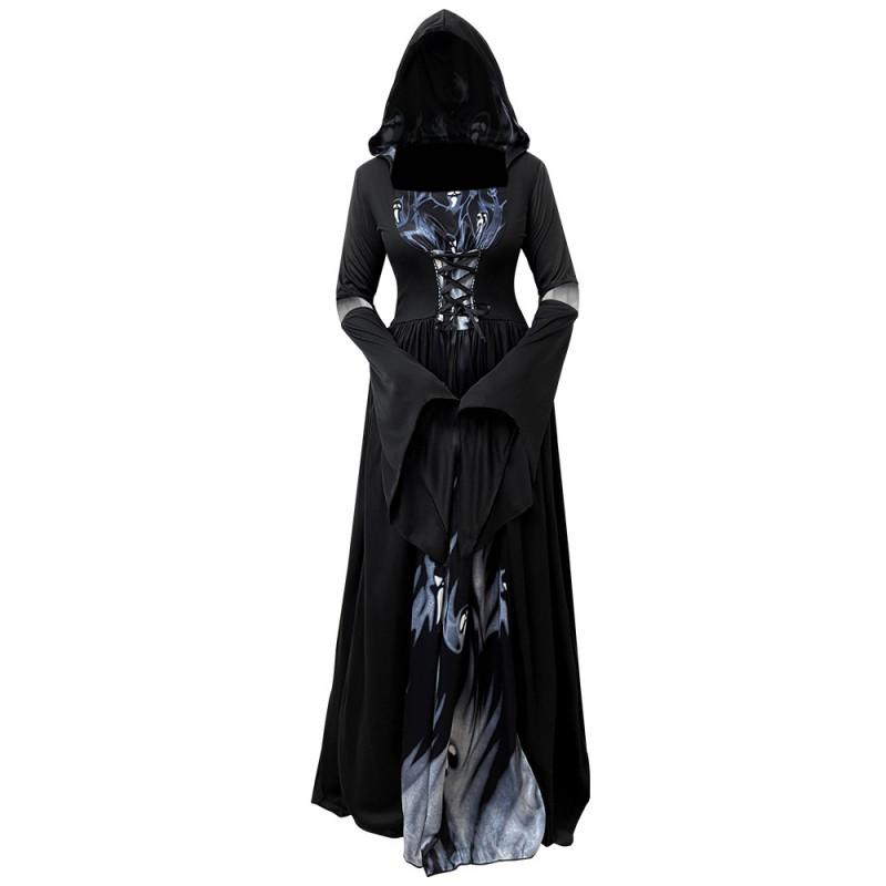 Costume da Strega con Cappuccio per Donna Vestito Festa di Halloween Cosplay Performance Teatrale Tema Fantasy