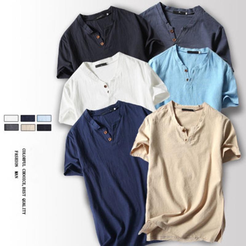 Premium Quality Men Brief T-shirt Summer V-neck Cotton Linen Blouse Top Tee Shirt Plus Size