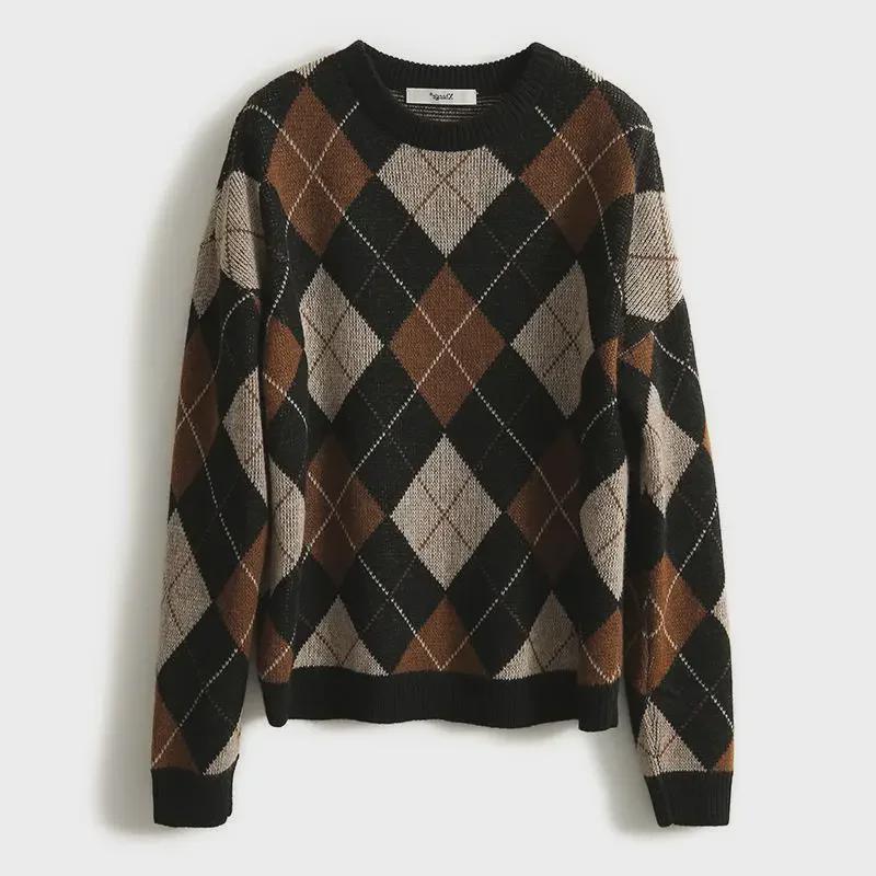 2024 Britischer Retro Kontrast Diamant Karo Wollpullover - Damen Herbst/Winter Kollektion