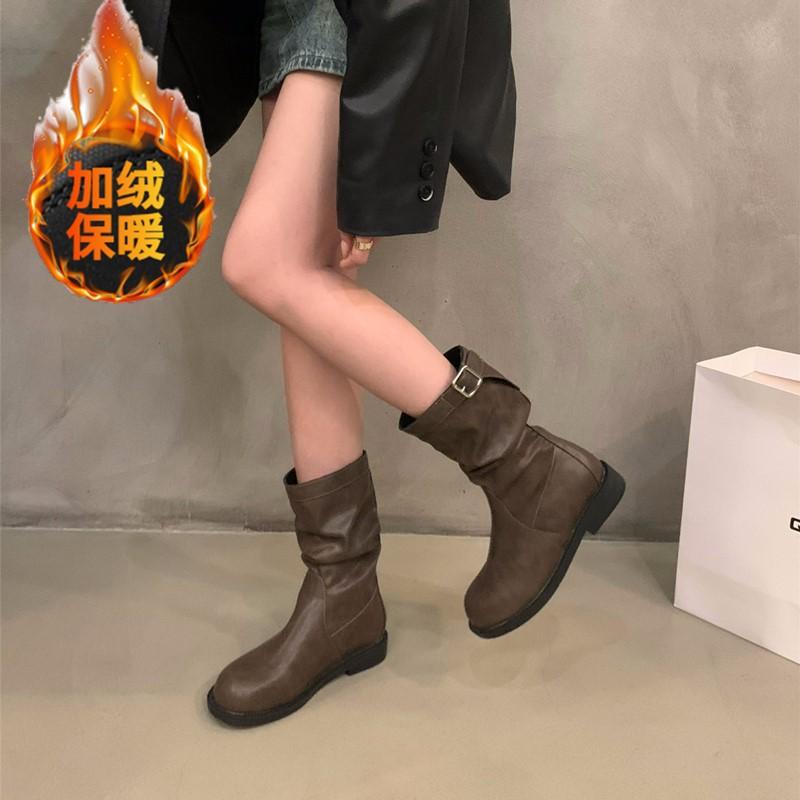 

Ретро-ботинки средней высоты с плоским дном, рыцарские сапоги, женская обувь 2024 года, новые осенне-зимние сапоги с начесом, короткие сапоги, ботинки Martin 40