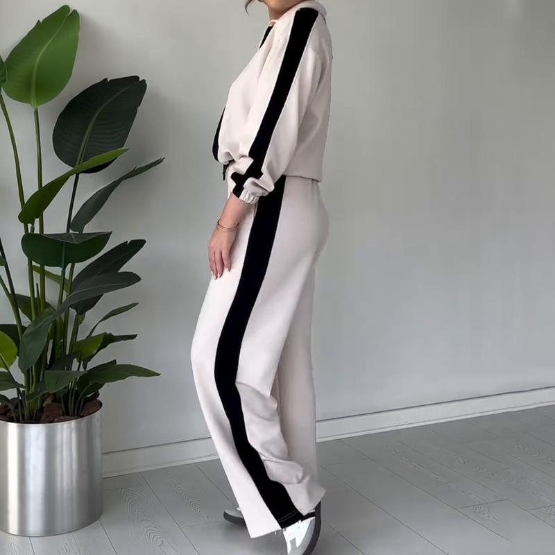 2025 Autumn Women's Fashion Color Block Casual Knitted Two-Piece Set