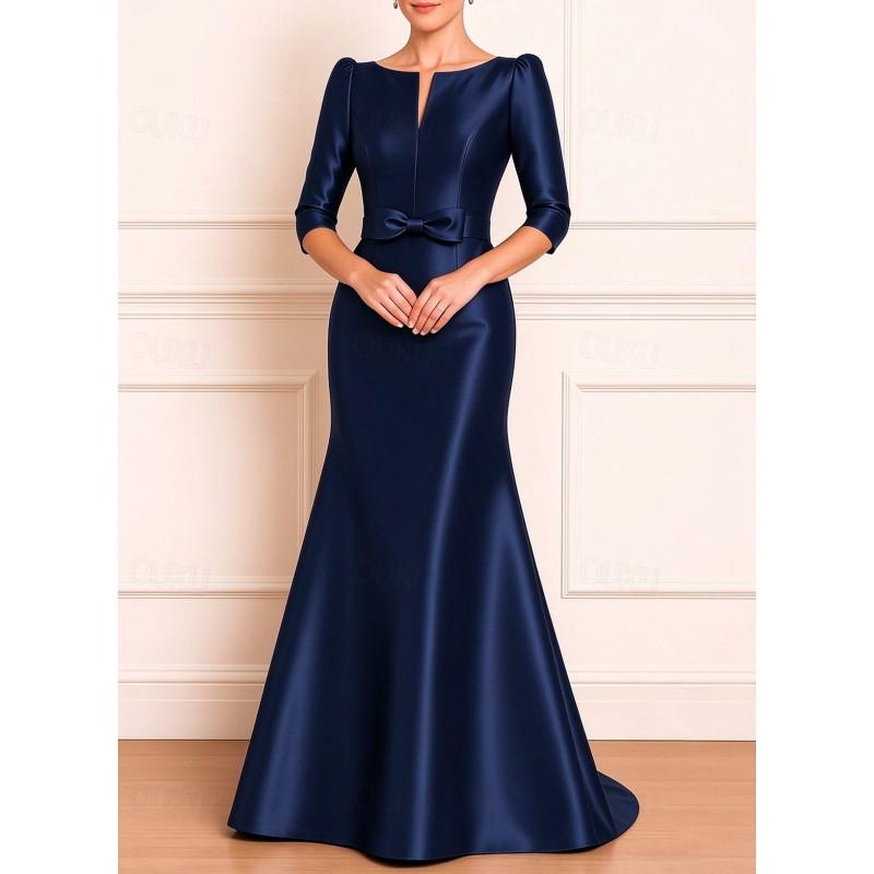 Womens Satin Evening Dress Long Sleeve Bow A-line Elegant Gown Party