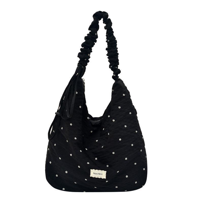 Red Floral Canvas Shoulder Bag Adjustable Ruffled Strap Large Capacity For Commute Shopping Travel