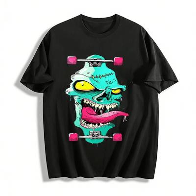Skull Skateboard Print Streetwear Unisex Hip Hop Graphic Tee Pure Cotton T-shirt