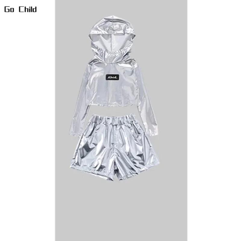 Girls K-pop Silver Crop Hoodies Shiny Cargo Pants Street Dance Shorts Kids Hip Hop Streetwear Children Jazz Hi Tech Clothes Sets