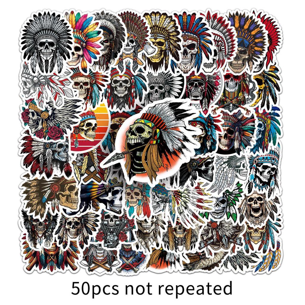 50PCS Retro Chief Skull Stickers: Cool, Creative, Waterproof Halloween Décor for Journals & Glass