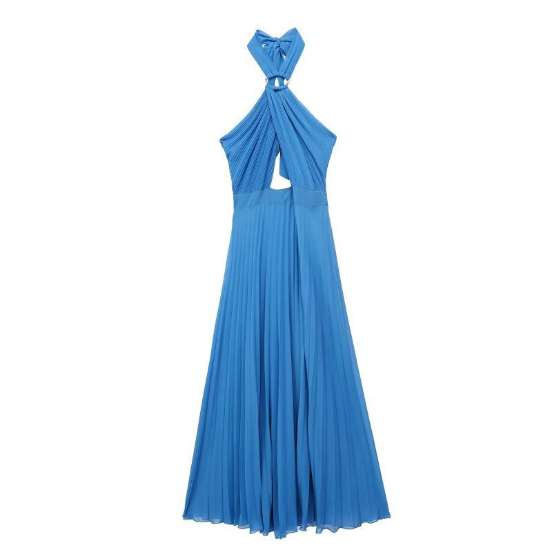 

European American Women s Clothing Summer French Fashion Hanging Neck Backless Pleated Midi Dress M