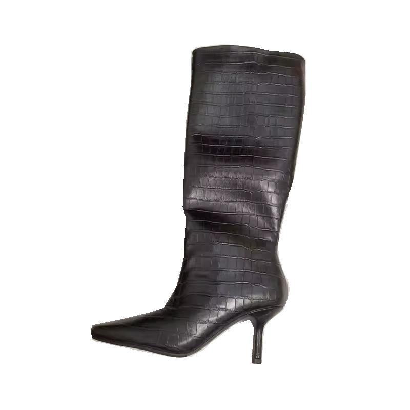 2025 new Mona same square head high heel white knight boots crocodile pattern tall tube European and American but knee long boots
