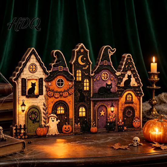 Halloween Wooden House Decorations Retro Haunted Village Tabletop Decor Fall Farmhouse Witch Distressed Wood Crafts Ornament Ghost Town Centerpiece