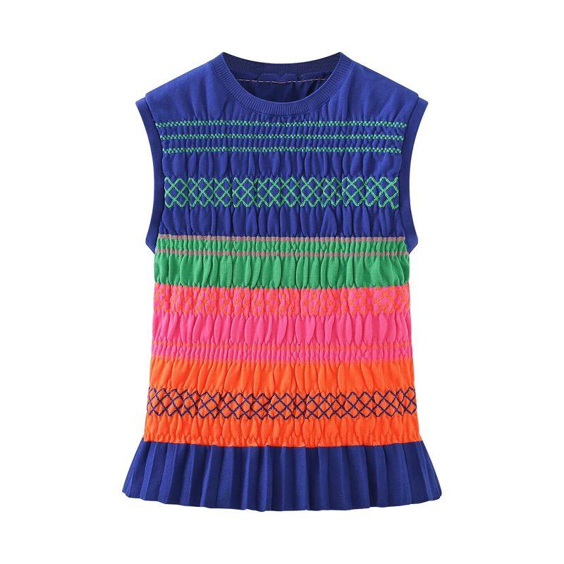 Kaslead New Women clothes Western Style Fashion Color Matching Honeycomb Sleeveless Knitted Top