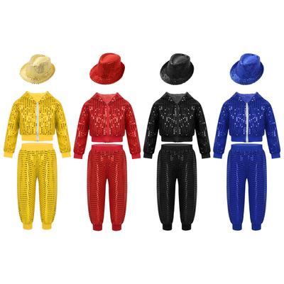 Unisex Kinder Jazz Tanzkostüm Glitzerndes Pailletten Langarm Kapuzentop Hose Fedora Hut Performance Set