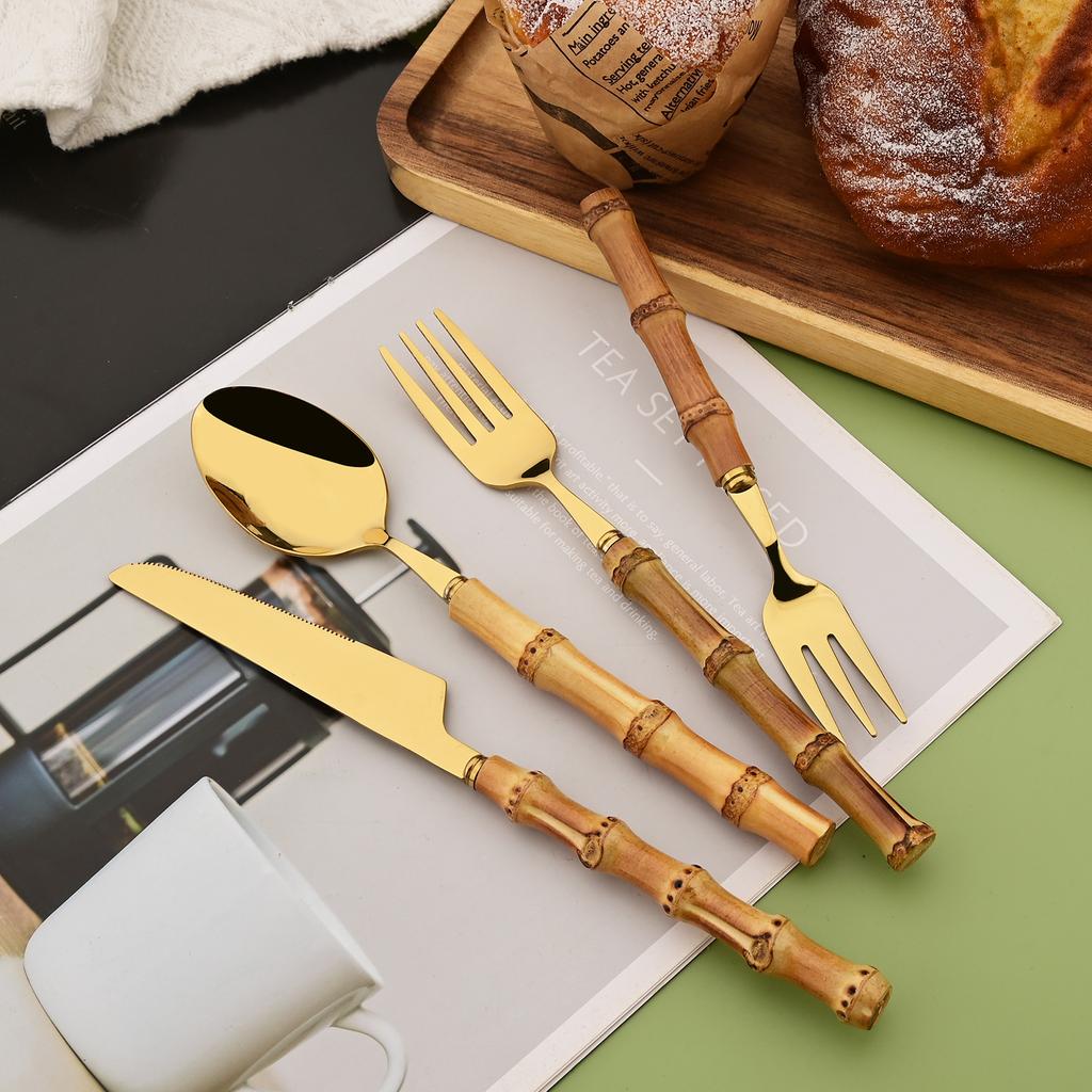16 PCS Bamboo Handle Flatware Set, Stainless Steel Silverware Set for 4, Knives Forks Spoons and Tea Fork Set, Use For Home Kitchen Party and Travel
