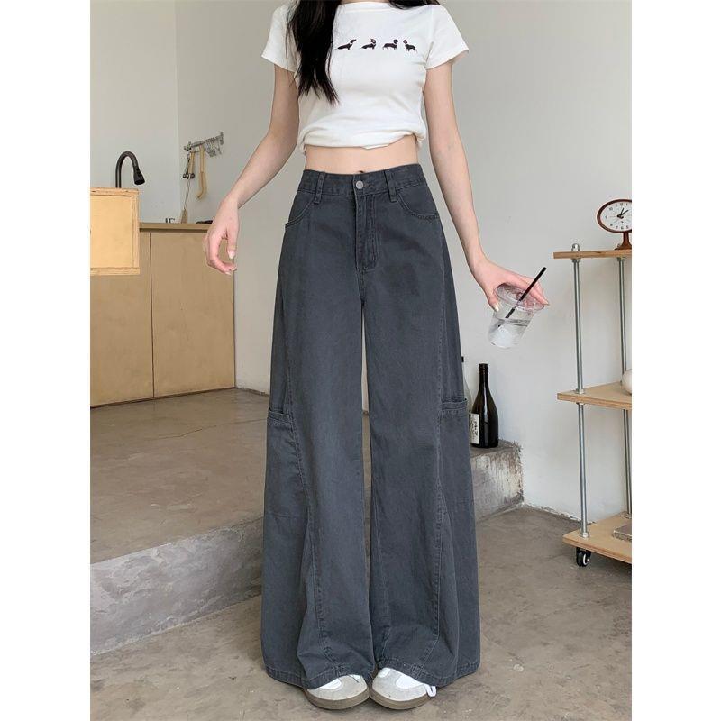 

Petite Retro High Waist Grey Wide Leg Jeans for Women Large