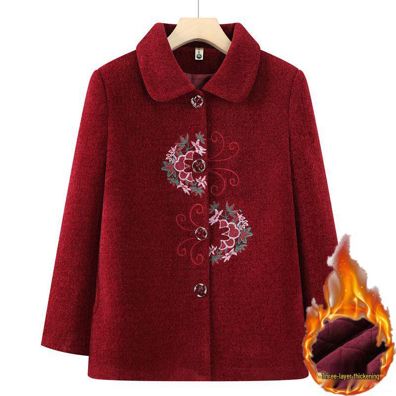 Elegant Embroidered Wool Coat for Elderly Women - Autumn/Winter Fashion with Velvet Lining