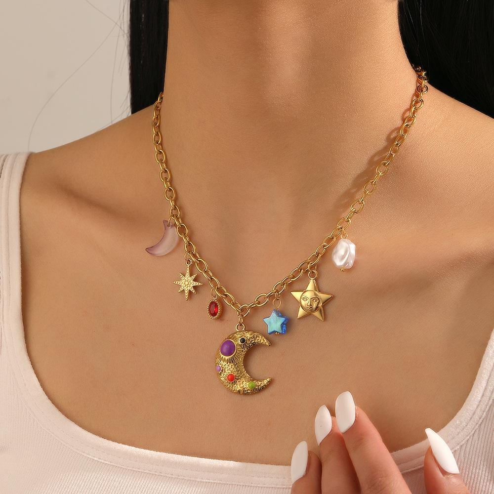 Imitation Pearl Acrylic Star Moon Pendant Necklace Stainless Steel Summer JewelryAccessories