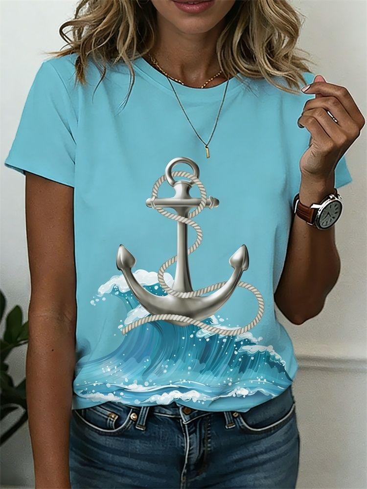 Summer Anchor Stripe 3D Print T-Shirts Women Casual Short Sleeve Round Neck T Shirt Harajuku Y2K Tees Top Female Street Clothing