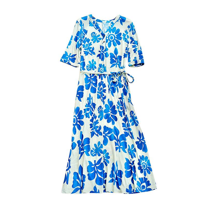 Guolian Floral V-Neck Slimming Long Dress - Mulberry Silk