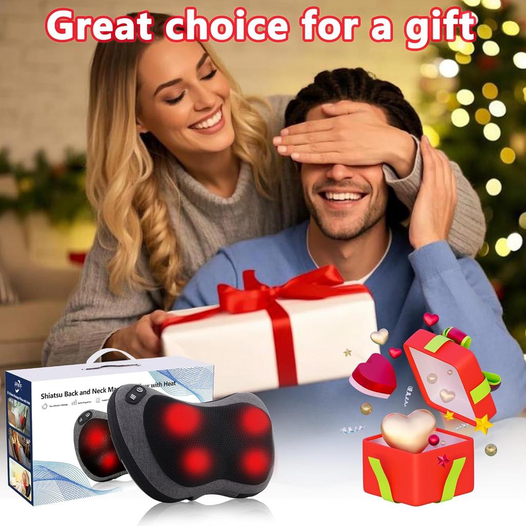 Shiatsu Neck and Back Massager with Heat - Deep Tissue Massage Pillow for Neck, Back & Shoulders Pain Relief, Ergonomic Design E