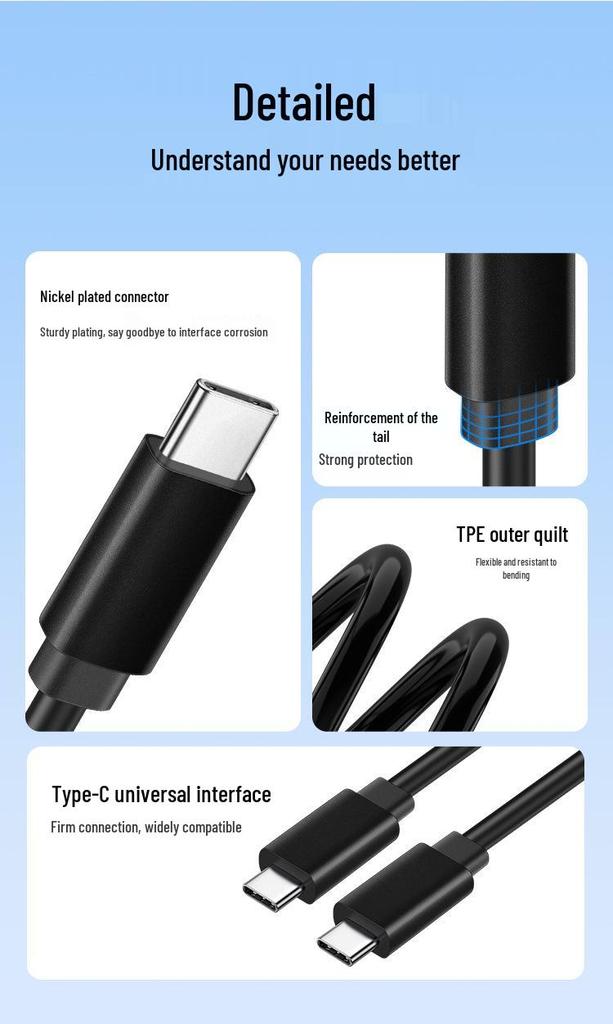 Type-C Dual-Head PD60W Fast Charging Cable, Pure Copper, 3A High Power, Universal for Computer, Mobile Phone, High-Speed Data Transfer