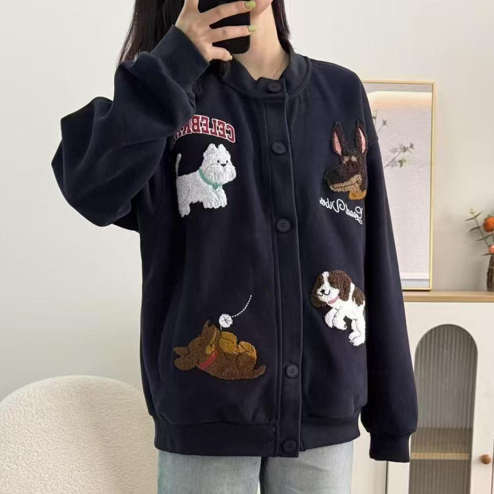 Women's Fun Cartoon Embroidery Chenille Cardigan Sweatshirt - Autumn Korean Lazy Style Loose BF Casual Baseball Jacket