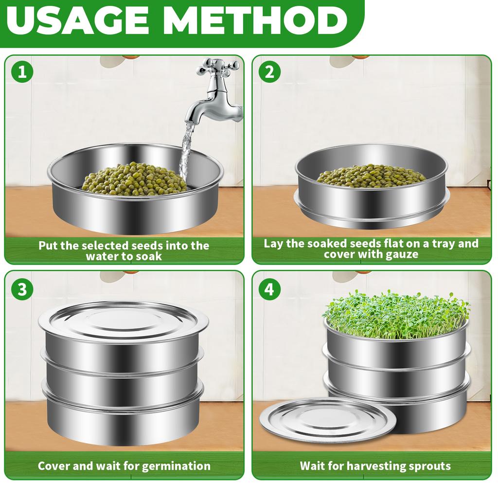 Seed Sprouting Kit Stainless Steel Mesh Sprouting Trays Stackable Bean Sprouts Grow Kit Reusable Beans Pea Seed Planting Tools