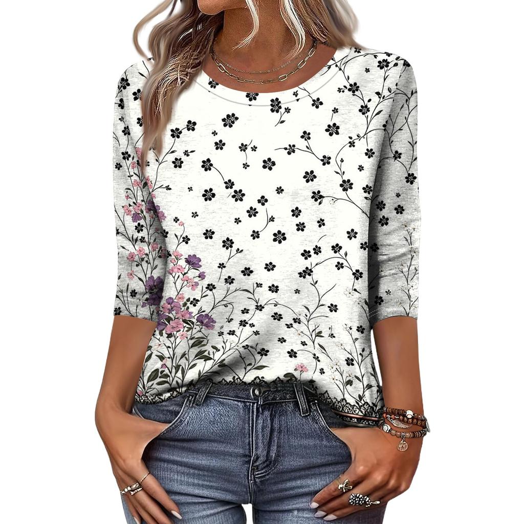Women’s Casual Three Quarter Sleeve Floral Print Crew Neck Top Loose Fit Lightweight Blouse for Daily Wear and Office