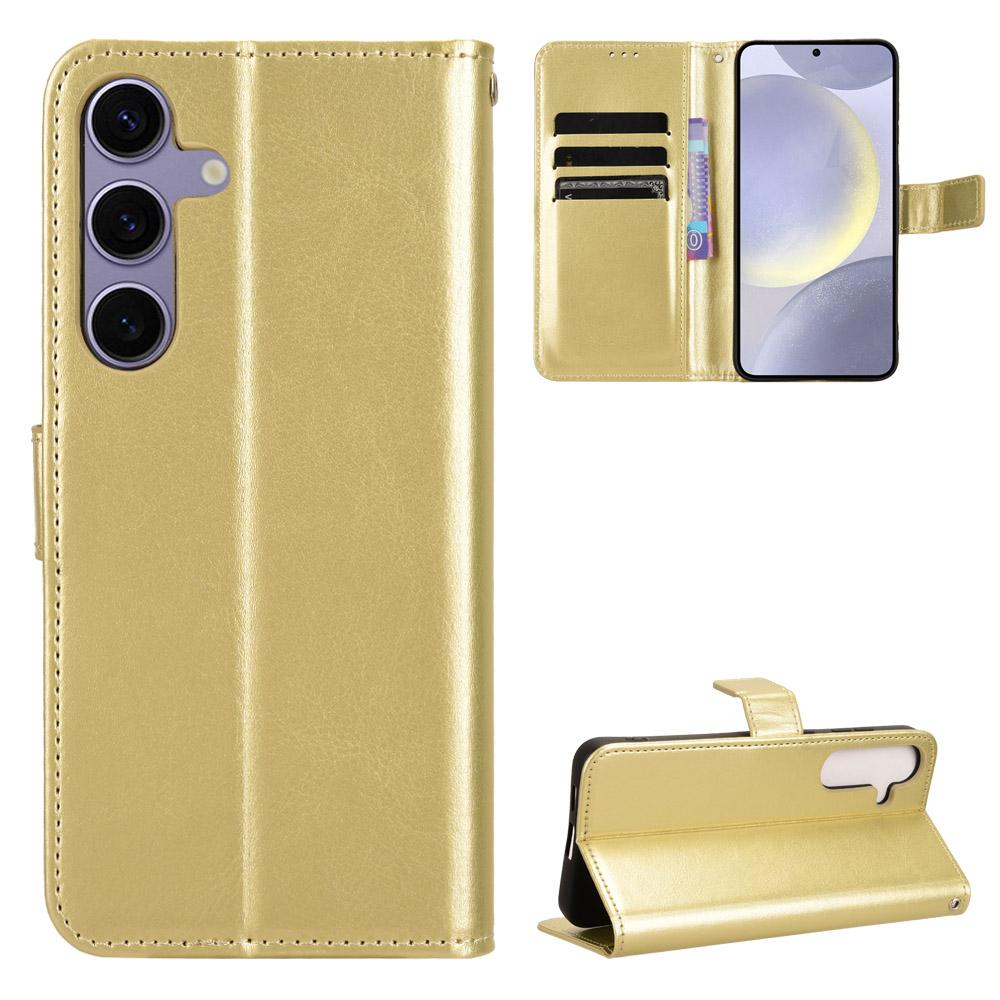 

For Samsung Galaxy S25 FE PU Leather Case with Strap Crazy Horse Texture Phone Wallet Cover Gold