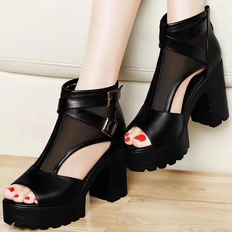 Summer New Women's Shoes Fashion Fish Mouth Mesh Breathable Thick Sole High Heel Sandals Shoes for Women Sandalias De Mujer