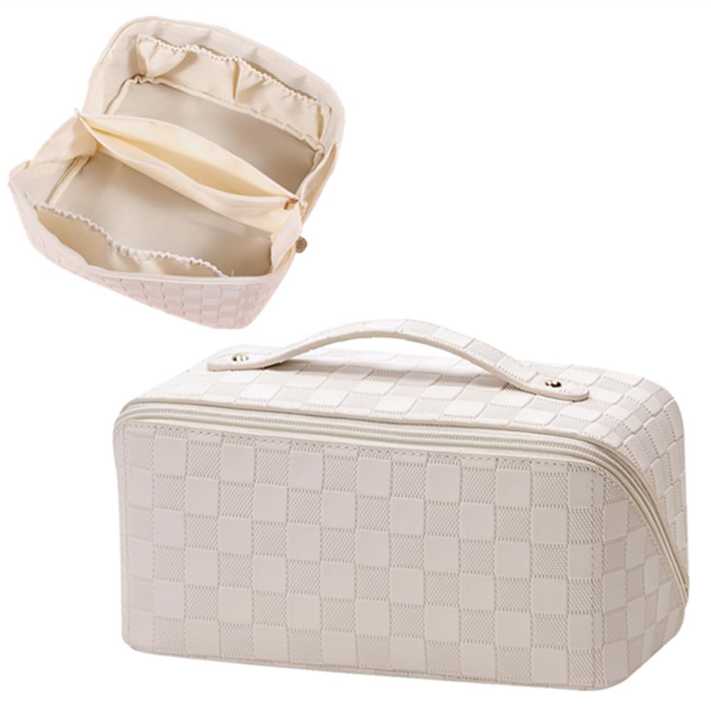 

Tumecos Square Makeup Large PU Wide for Business Trips and White Bag, Capacity, Leather, Plaid, Mouth, Waterproof, Portable, Multifunctional, Travel, белый