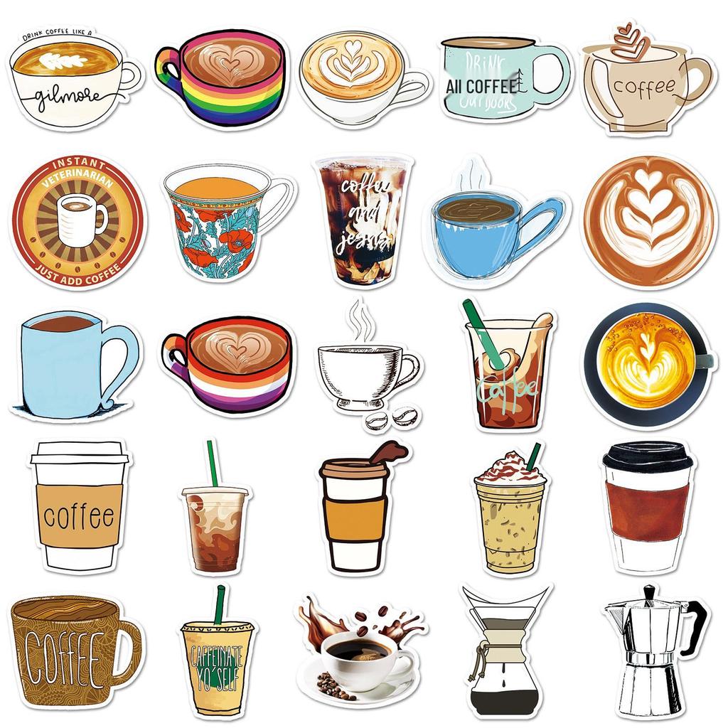 50 Cartoon Coffee DIY Graffiti Stickers for Journals, Scooters, Laptops, Cars
