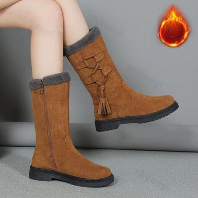 Neue 2025 Winter Damen Wildleder Mid-Calf Stiefel Klassiker Fransen Seitenreißverschluss Lange Stiefel Plüschgefüttert Schneestiefel Große Größe 43