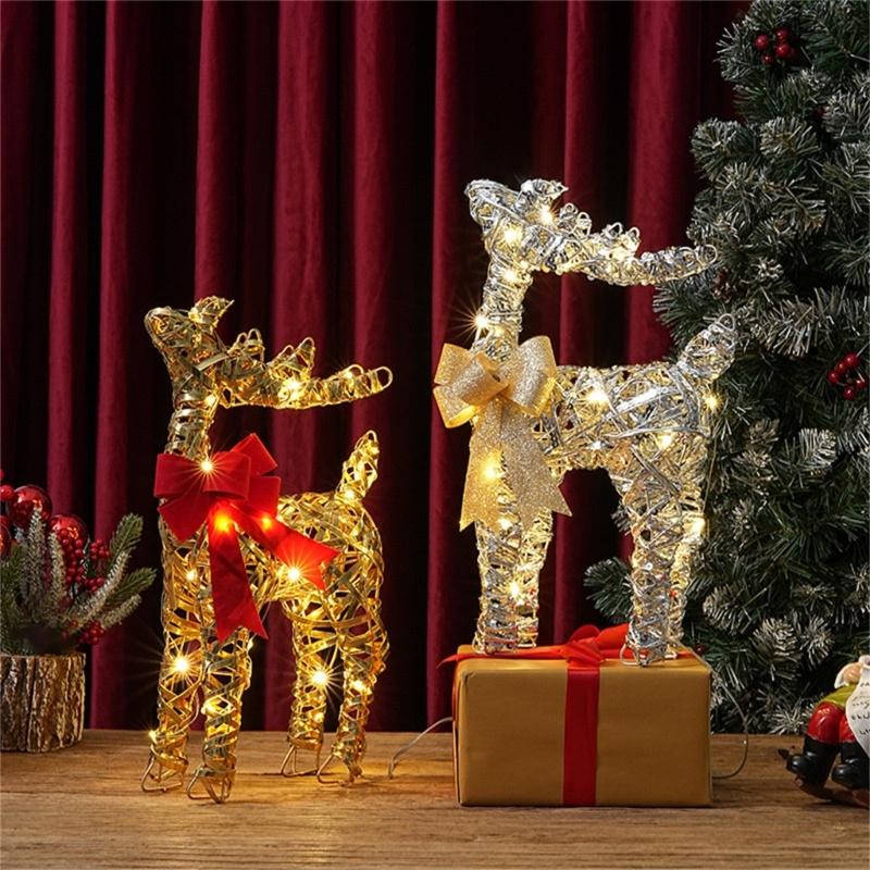 Iron Frame Holiday Reindeer Decoration for Entryway Display, 15Inch Lighted Christmas Deer with LED Light for Tabletop Shelf
