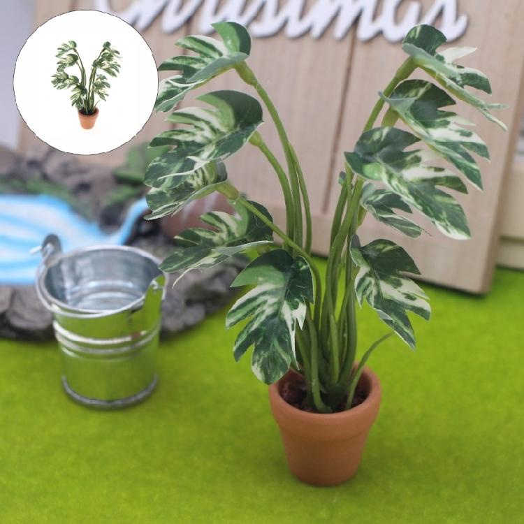 White Variegated Monstera Artificial Foliage For Miniature Dollhouses Decorative Setup