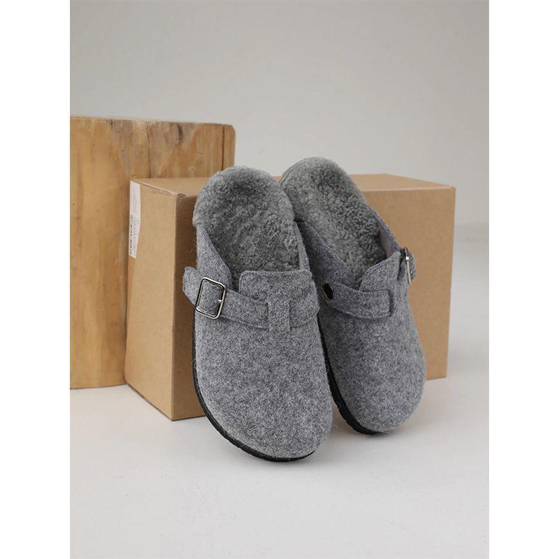 Women's Gray Thick-Soled Birkenstock Plush Closed-Toe Slippers - Autumn/Winter 2024