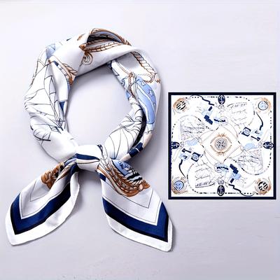 Women's Nautical Sailboat Printed Square Scarf Luxury Thin Breathable Neck Scarf Soft Satin Sunscreen Women Headscarf