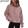 BITCED Autumn/Winter Women's Half-Zip Short-Sleeved Stand Collar Fleece-Lined Solid Colour Sweatshirt