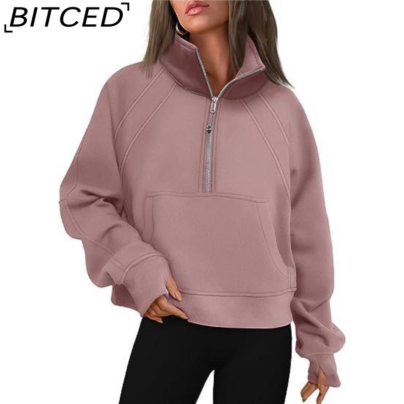 BITCED Autumn/Winter Women's Half-Zip Short-Sleeved Stand Collar Fleece-Lined Solid Colour Sweatshirt