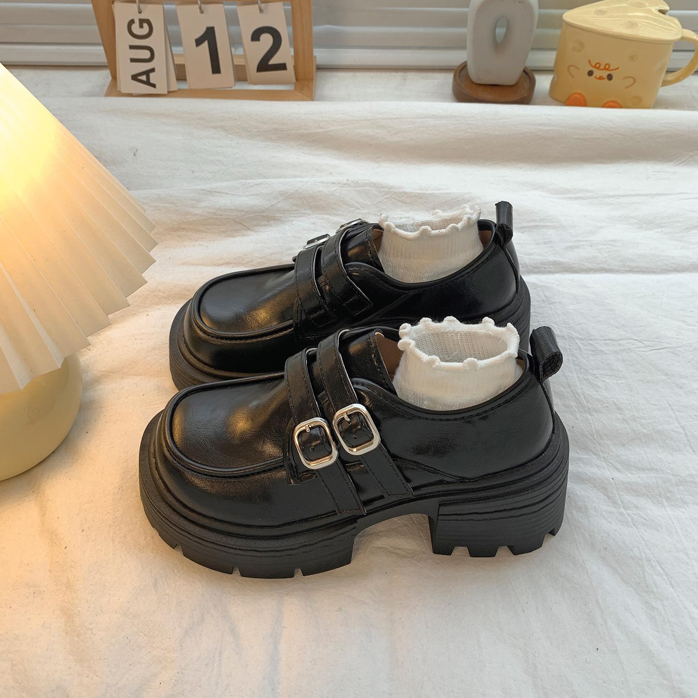 

White British style thick high-heeled platform small leather shoes women s 2025 new autumn versatile heightening soft-soled loafers 35 чёрный