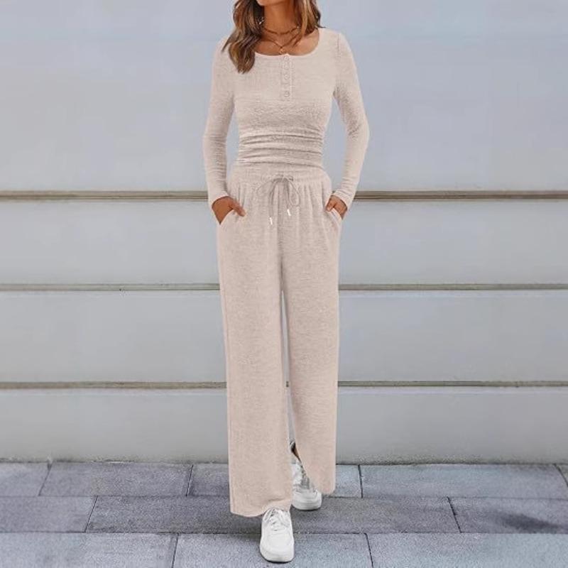 New Fall Sports Set Solid-Color Top and Wide-Leg Pants Two-Piece Set for Women